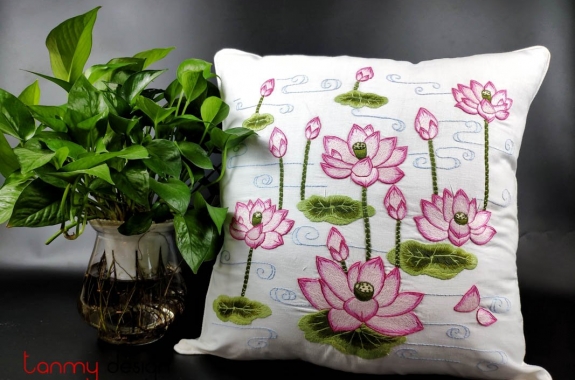 Cushion cover -pink lotus bush embroidery